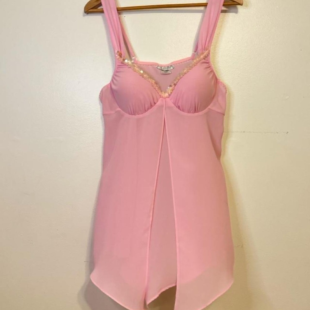 VTG Y2K Fairy Pink Sequin Babydoll Flyaway Chemise by Cinema Etoile • L